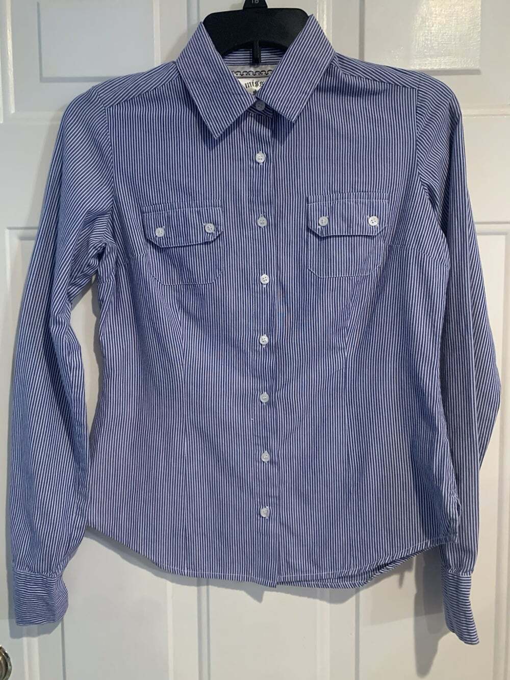 Miss Majesty Button Up Shirt Women’s Medium Blue/white Striped See Hand Measurem